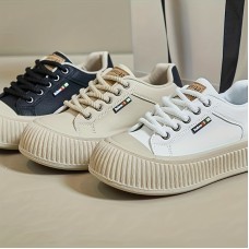 Women's Simple Platform Sneakers, Casual Lace Up Outdoor Shoes, Comfortable Low Top Faux Leather Shoes