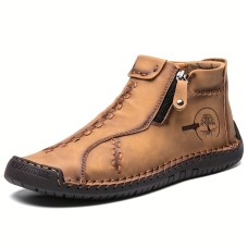 Men's Trendy Stitched Zipper Decor Boots, Wear-resistant Non Slip Outdoor Casual Boots