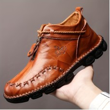 Men's Leather Ankle Boots With Zippers, Casual Walking Shoes Sneakers