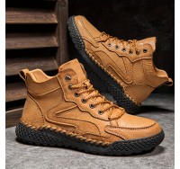 Men's Trendy Leather Shoes, Waterproof High Top Lace-up Casual Shoes For Outdoor Activities Like Walking Running And Hiking