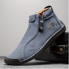 Men's Trendy Leather Boots, Mid-top And Side-zip Boots With Rubber Sole For Autumn And Winter