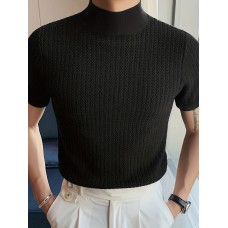 Turtleneck Chic Elegant T-shirt, Men's Casual Short Sleeve Shirt For Summer Dating Dinner