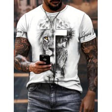 Stylish Cross & Lion Pattern Print Men's Comfy Chic T-shirt, Graphic Tee Men's Summer Outdoor Clothes, Men's Clothing, Tops For Men, Gift For Men