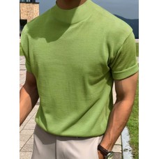 Solid Color Men's Short Sleeve Turtleneck Stretch Comfy T-shirt, Summer Streetwear