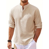 Men's Retro Casual Long Sleeve Stand Collar Shirt With Half Button, Spring Fall Outdoor