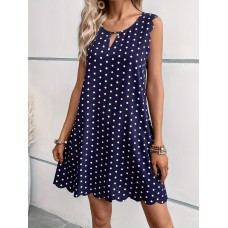 Polka Dot Print Scallop Trim Dress, Elegant Sleeveless Crew Neck Keyhole Dress For Spring & Summer, Women's Clothing