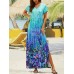 Butterfly Print Split Dress, Casual V Neck Short Sleeve Maxi Dress, Women's Clothing