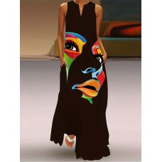 Abstract Face Print Maxi Dress, Notched Neck Sleeveless Casual Dress For Summer & Spring, Women's Clothing