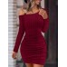 Ribbed Slanted Shoulder Dress, Party Wear Solid Long Sleeve Mini Dress, Women's Clothing