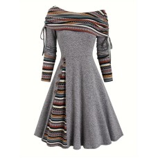 Ethnic Striped Splicing Dress, Elegant Off Shoulder Drawstring Dress, Women's Clothing