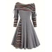 Ethnic Striped Splicing Dress, Elegant Off Shoulder Drawstring Dress, Women's Clothing