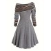 Ethnic Striped Splicing Dress, Elegant Off Shoulder Drawstring Dress, Women's Clothing