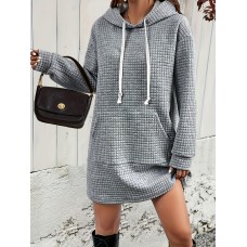 Textured Drawstring Dress, Casual Hooded Long Sleeve Kangaroo Pocket Dress, Women's Clothing