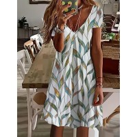 Leaves Print V Neck Dress, Vacation Short Sleeve Random Printing Dress, Women's Clothing