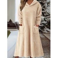 Fuzzy Hooded Midi Dress, Casual Pocket Front Solid Long Sleeve Dress, Women's Clothing