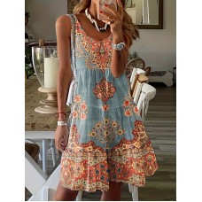 Floral Print Ruffle Hem Dress, Vintage Sleeveless Dress For Spring & Summer, Women's Clothing