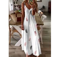 Feather Print Maxi Dress, Casual V Neck Spaghetti Strap Random Printing Dress, Women's Clothing