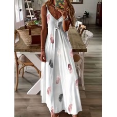 Feather Print Maxi Dress, Casual V Neck Spaghetti Strap Random Printing Dress, Women's Clothing