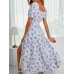 Floral Print Puff Sleeve Ruched Dress, Casual Square Neck Split Hem Dress For Spring & Summer, Women's Clothing