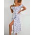 Floral Print Puff Sleeve Ruched Dress, Casual Square Neck Split Hem Dress For Spring & Summer, Women's Clothing