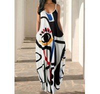 Abstract Oil Painting Print Dress, Casual Sleeveless Summer Maxi Spaghetti Dress, Women's Clothing