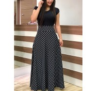 Printed Splicing Crew Neck Dress, Elegant Short Sleeve Slim Waist Pleated Maxi Dress, Women's Clothing