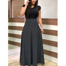 Printed Splicing Crew Neck Dress, Elegant Short Sleeve Slim Waist Pleated Maxi Dress, Women's Clothing