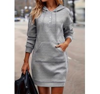 Pocket Front Hooded Dress, Casual Drawstring Long Sleeve Solid Dress, Women's Clothing