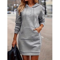 Pocket Front Hooded Dress, Casual Drawstring Long Sleeve Solid Dress, Women's Clothing