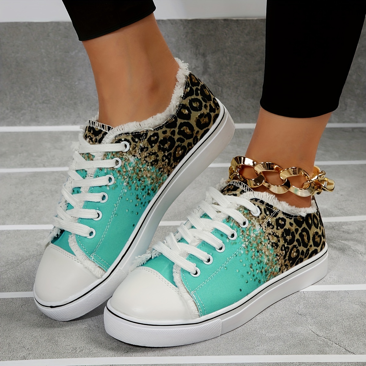 womens leopard print canvas shoes fashion low top lace up sneakers casual flat walking shoes details 2