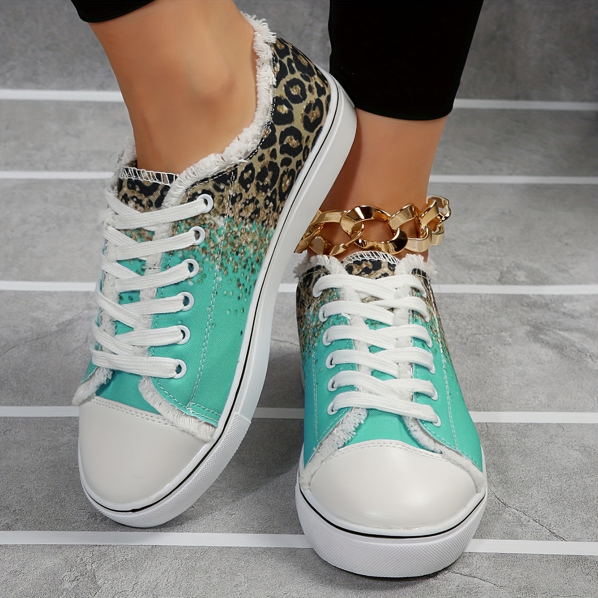 womens leopard print canvas shoes fashion low top lace up sneakers casual flat walking shoes details 3