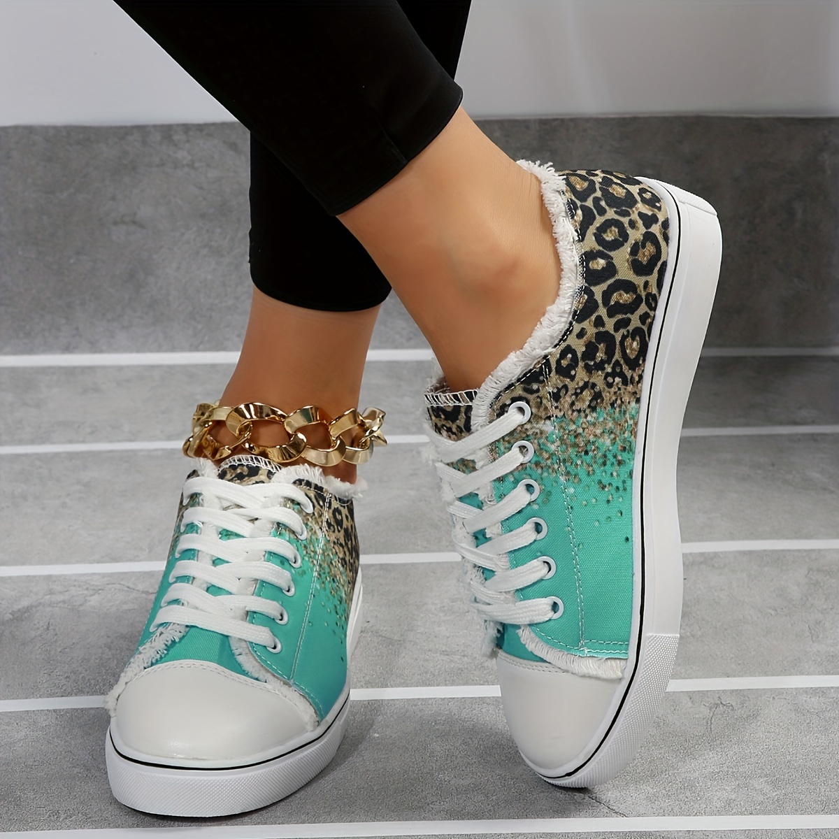 womens leopard print canvas shoes fashion low top lace up sneakers casual flat walking shoes details 4