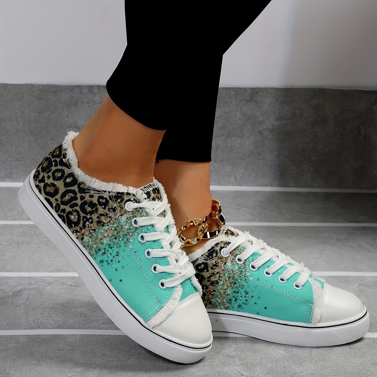 womens leopard print canvas shoes fashion low top lace up sneakers casual flat walking shoes details 6