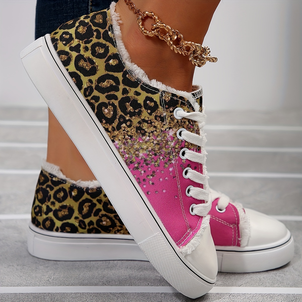 womens leopard print canvas shoes fashion low top lace up sneakers casual flat walking shoes details 7