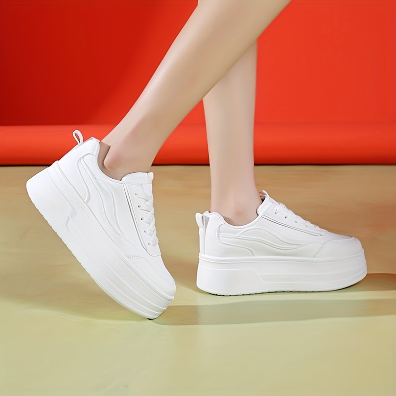 womens solid color minimalist sneakers lace up casual platform white shoes versatile low top sporty trainers details 0