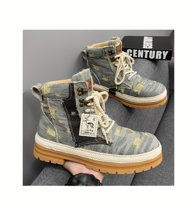 mens distressed design lace up boots casual walking shoes comfortable and breathable details 7