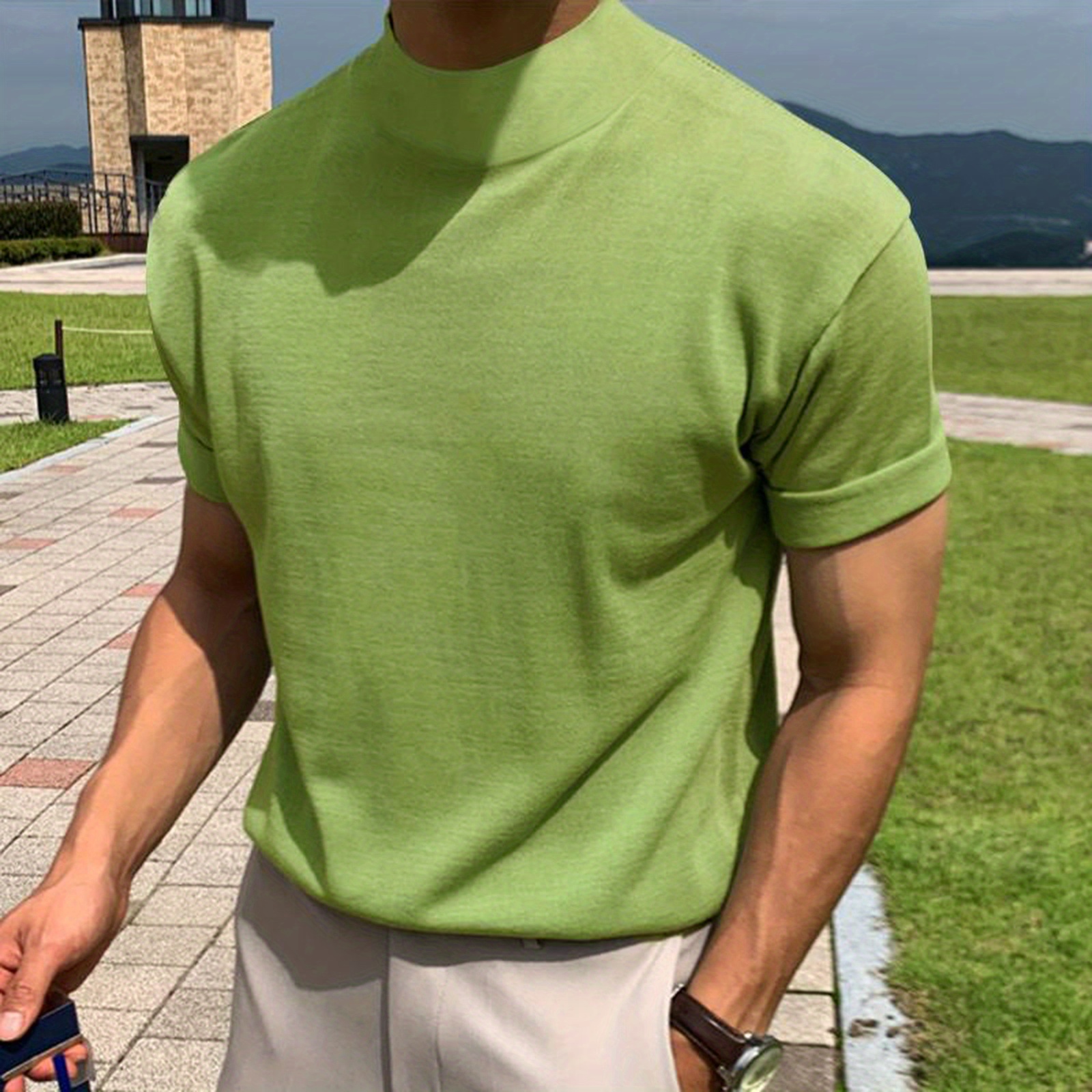 solid color mens short sleeve turtleneck stretch comfy t shirt summer streetwear details 1