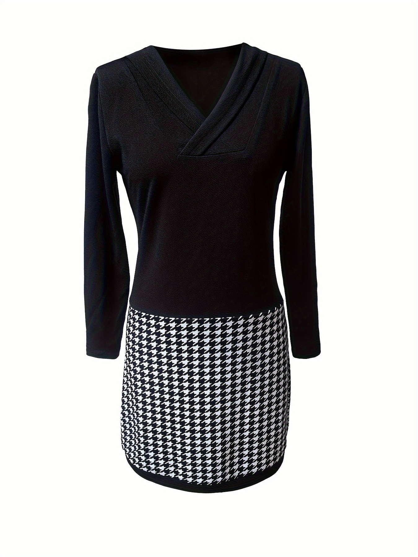 houndstooth print v neck dress casual long sleeve slim dress womens clothing details 2