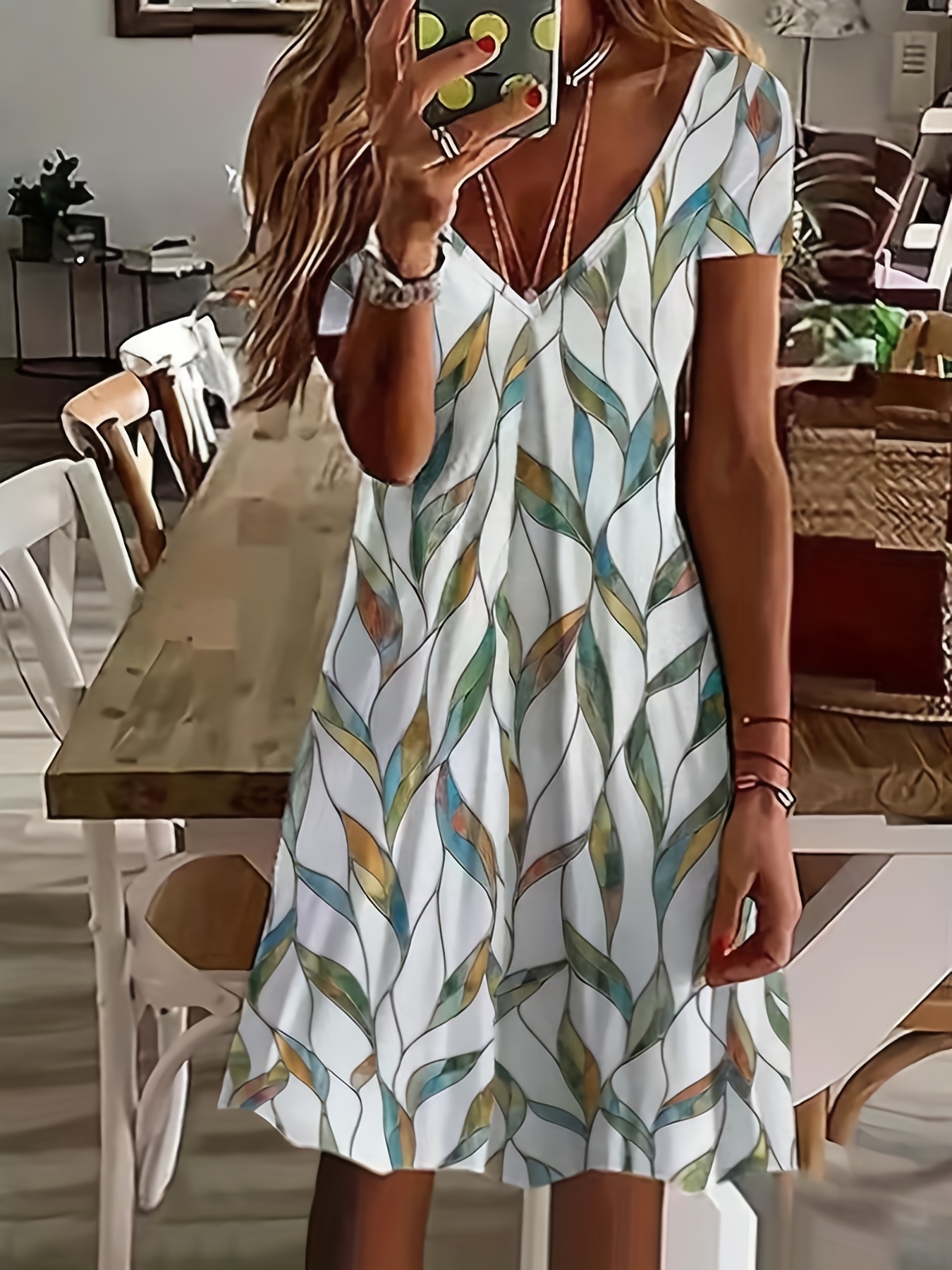 leaves print v neck dress vacation short sleeve random printing dress womens clothing details 6