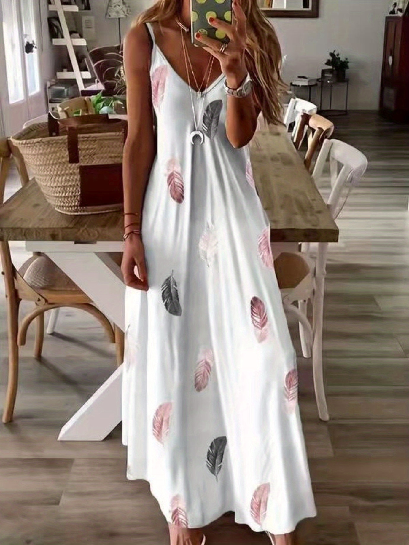 feather print maxi dress casual v neck spaghetti strap random printing dress womens clothing details 0