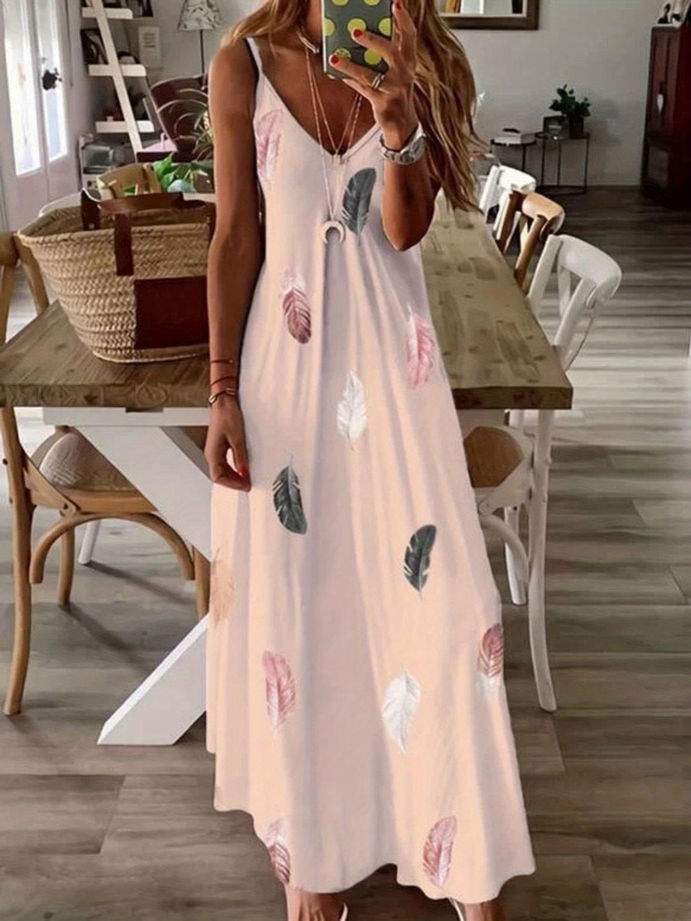 feather print maxi dress casual v neck spaghetti strap random printing dress womens clothing details 3