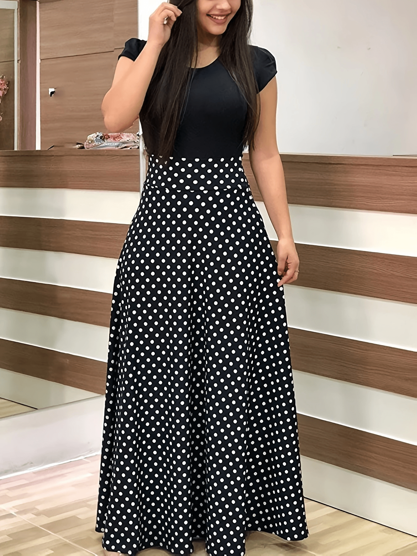 printed splicing crew neck dress elegant short sleeve slim waist pleated maxi dress womens clothing details 7